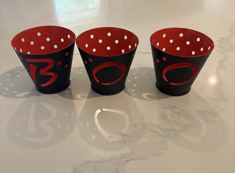 Set Of 3 HMK Metal Pail Halloween Tea Light Candle Holders Black BOO Silhouette